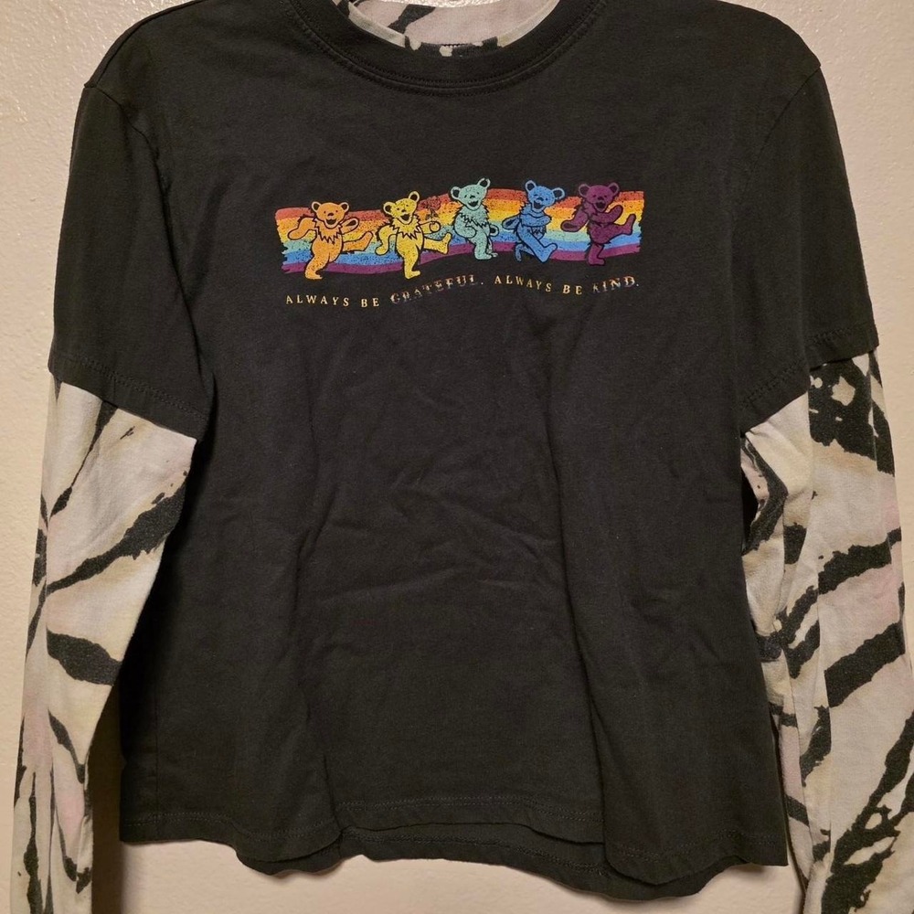 Grateful Dead Zebra Print Layered Long Sleeve Shirt Black Rainbow Bears XS